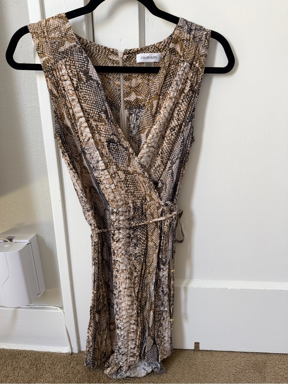 Calvin Klein Sleeveless Snake Print Wrap Dress/Romper in Brown & Cream